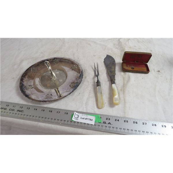 silver cake plate, silver plate fork, knife