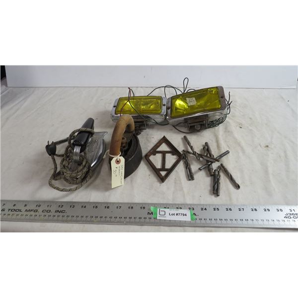 vintage irons + drill bits + lights