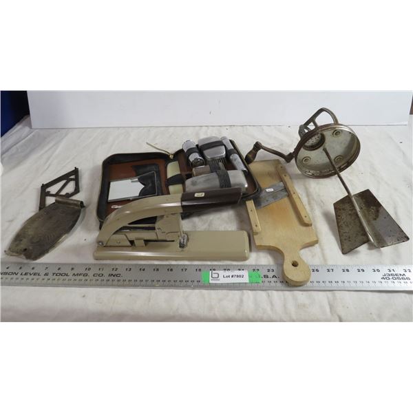 butter churn top, cabbage slicer, stapler, misc