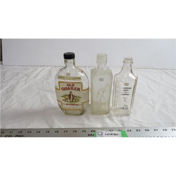 3 vintage bottles, old quaker + misc ones