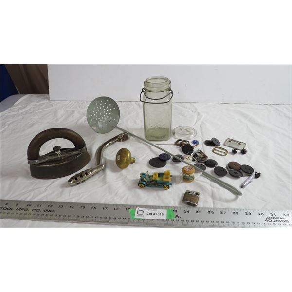 cream skimmer, iron, stove crank, buttons + misc