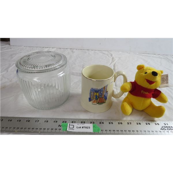lord nelson cup, winnie the pooh stuffed toy, glass cookie dish