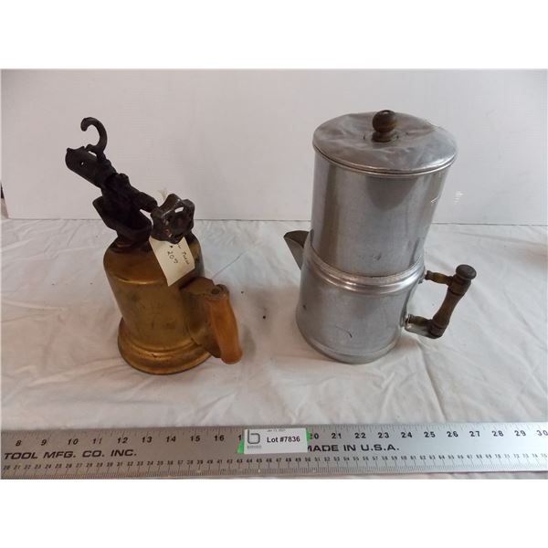Brass blowtorch + antique coffee percolator