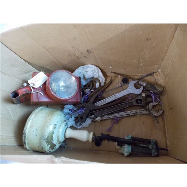 Coleman lamp + old lantern + misc tools
