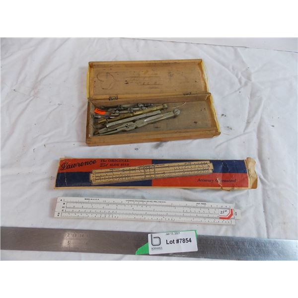 The original slide ruler (in box) + vintage mathematics tools