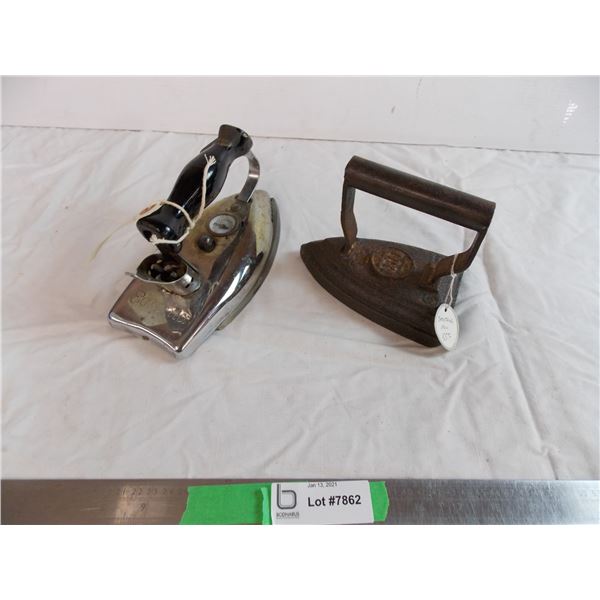 (2) vintage irons, one electric