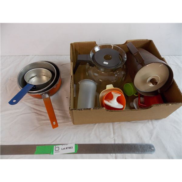 tupperware pitchers + coffee pot, misc toy dishes