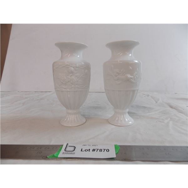 (2) Cherub + flower milk glass vases