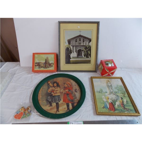 1979 gnome ornament, religious picture, christmas box + tin