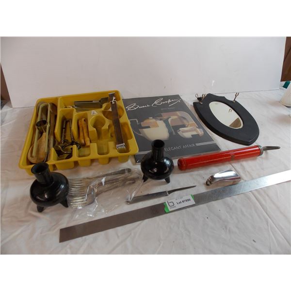 Utensil container, hanging mirror, campfire stoker, forks, art book (sealed)