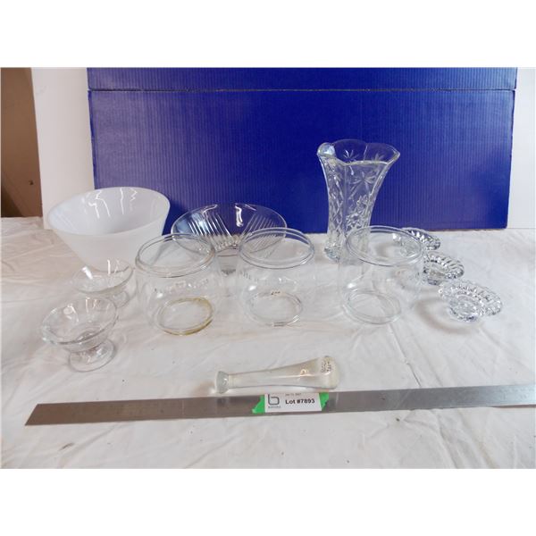 Glass Pestle, "made in canada" globes, candle holders, base, fireking bowl