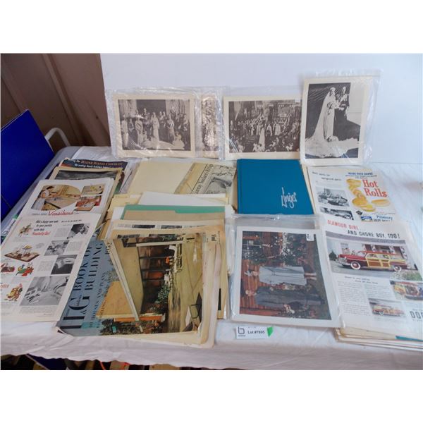 Advertising magazine clipping, various old photographs, paperwork, jim unger book