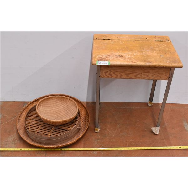 Broken Wooden School Desk & Weaved Baskets
