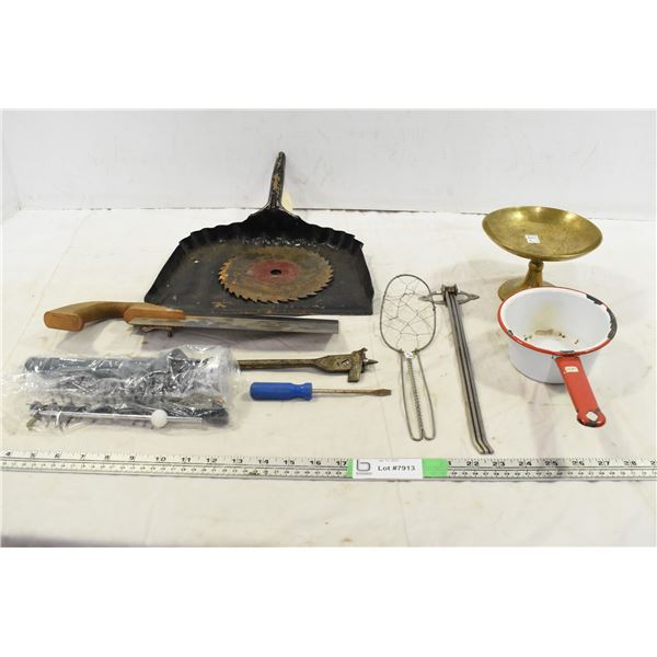 Vintage Dust Pan, Brass Stand, Enamel Pot & Misc. Items
