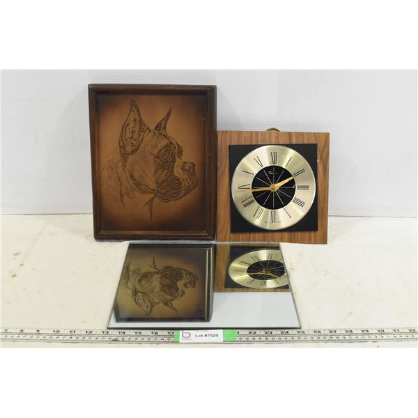 Clock, Mirror, Dog Carving on Wood