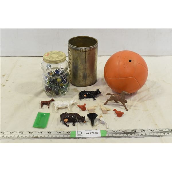 Broomball, Marbles (in broken jar) & Ornamental Farm Animals