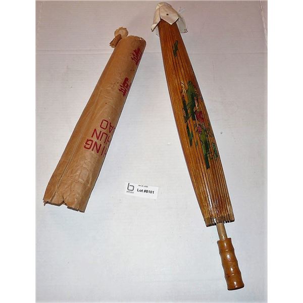 Vintage Bamboo Advertising Parasol Chin Chun Bao A.T.B. Health Products