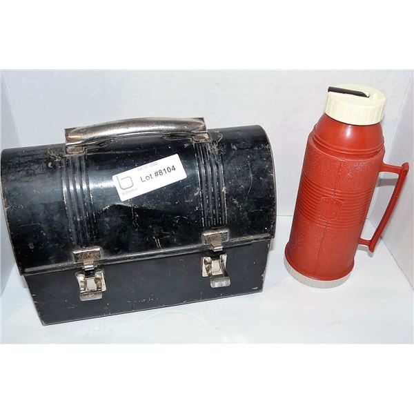 Vintage Thermos Brand Black Lunch Kit and Sipping Thermos