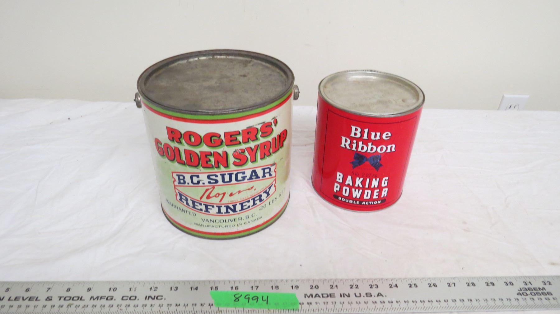rogers syrup can with smoke + blue ribbon baking powder can