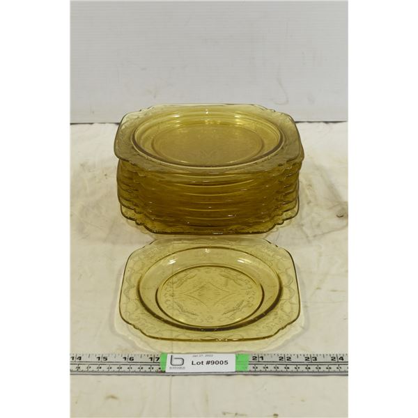 (8) Matching Yellow/Amber Glass Plates + 1 Smaller