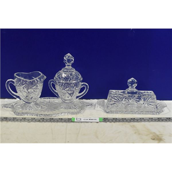 Crystal Glass Butter Dish + Cream & Sugar dishes - like new