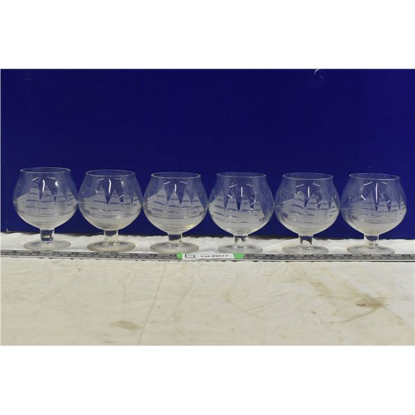 (6) Sail Boat frosted glass wine cups