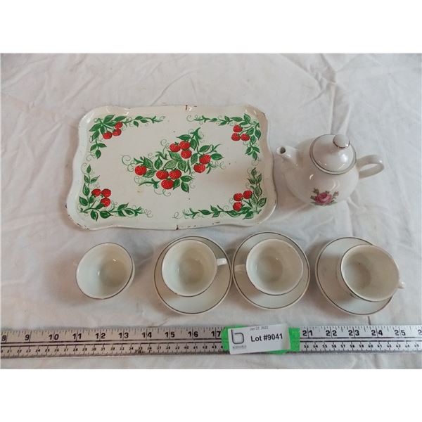 Childrens tea set with metal serving plate