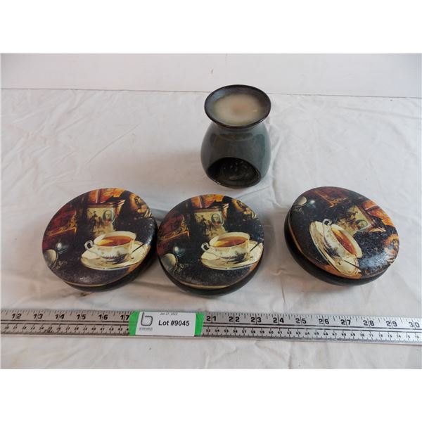 (3) murchie's tins + tealight candle holder