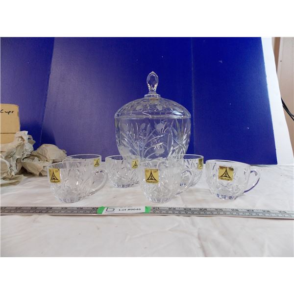 NEW Annahutte Crystal Glass Punch Bowl (Cut/Frosted) with box of 6 matching cups - never used - 9" d