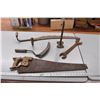 Image 1 : *vintage scythe, hand saw, misc cast iron items