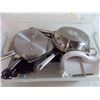 Image 2 : Stainless Steel Pots, pans, tea kettle, small blender, in plastic tote (kettle + blender working)