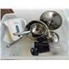 Image 4 : Stainless Steel Pots, pans, tea kettle, small blender, in plastic tote (kettle + blender working)