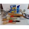 Image 1 : Kitchen items, wood spoons, spatula's, cheese grater, touchup markers, misc household