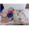 Image 1 : vintage baby clothes + wedding garb, hats, blanket, vinyl snap purse