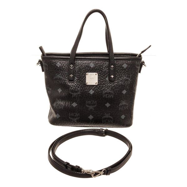 MCM Black Leather Canvas Small Tote Bag