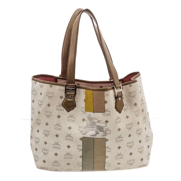 MCM White Visetos Coated Canvas Lion Shopper Tote