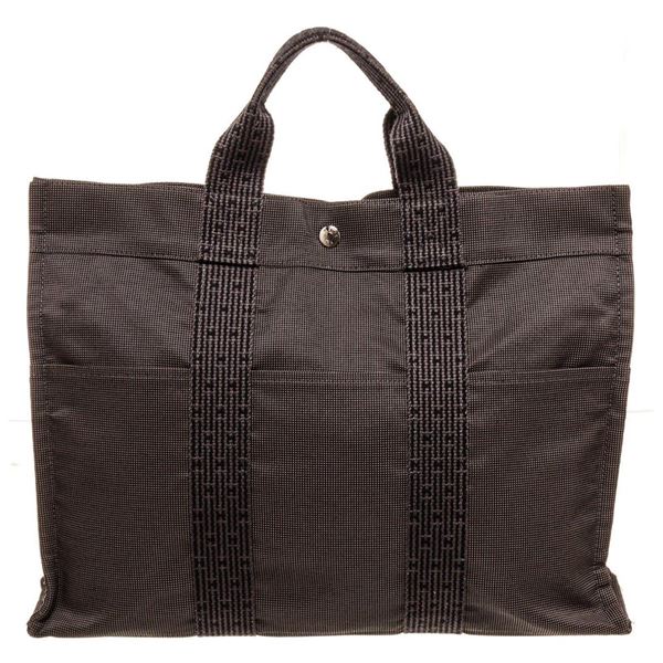 Hermes Black Canvas Leather Herline GM Tote Bag