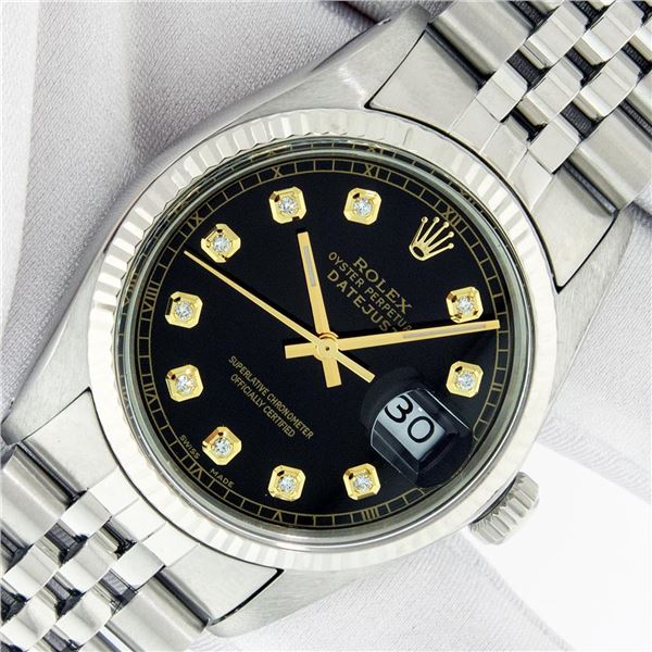 Rolex Mens Stainless Steel 36MM Black Diamond Datejust Wristwatch