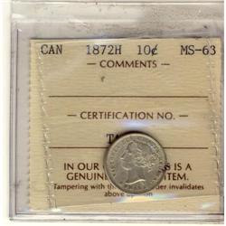1872H 10¢  ICCS MS-63, Touch of gold otherwise br