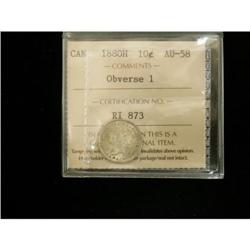1880H 10¢ obv 1 ICCS AU58, Lots of lustre, real c