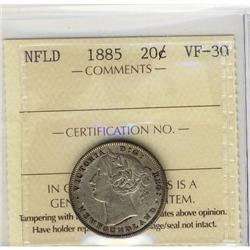 Nfld 1885 20¢ ICCS VF30. Well struck coin.