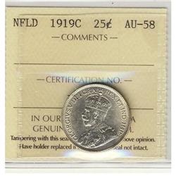 Nfld 1919c 25¢ ICCS AU58.
