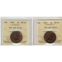 1902 and 1904 1¢, both ICCS graded MS-63RB.  Both