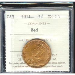 1911 1¢ ICCS MS65 Red.  Exceptionally clean field