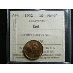 1932  1¢ ICCS MS64 Red.  100% red lustre. Near Ge