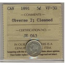 1891 5¢ Obv 2, ICCS VF-30 Cln,