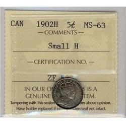 1902H 5¢ Sml H ICCS MS63.