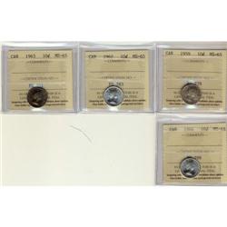 Lot of 4 ICCS graded MS-65 Ten Cents; 1959, 1962,