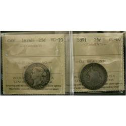 1874H and 1891 25¢.  Lot of 2 coins both ICCS VG1