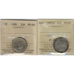 1881H & 1909 25¢.  Lot of two coins both ICCS VF2